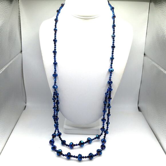 Blue Iridescent Beaded Necklace, No Clasp, Two Strands, 28 Inches - Picture 8 of 8